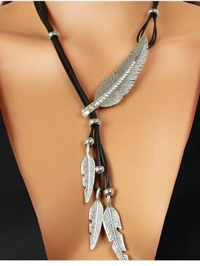 Silver Feather Pendant Necklace with Black Cord - Women Jewelry